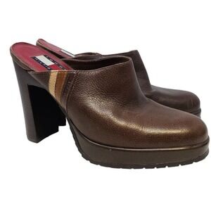 Vintage Y2K Tommy Hilfiger 6 Brown Leather Heel Chunky Mule Lug Sole Boho Grunge
